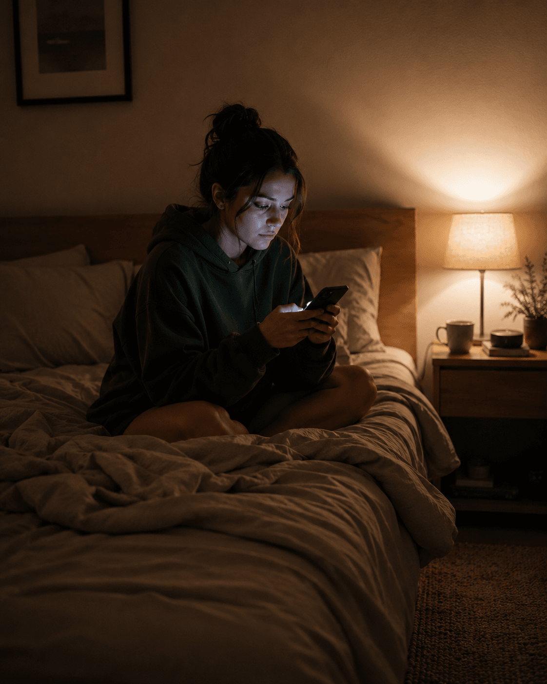 Woman looking at phone anxiously